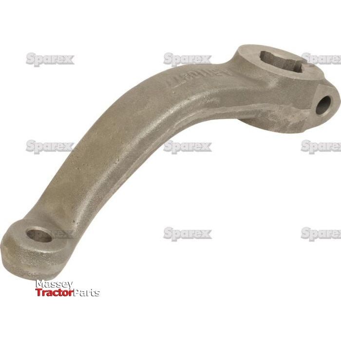 A metal steering arm labeled with "Sparex" and "Massey Tractor Parts," featuring a curved design with two openings on each end, compatible with Ford / New Holland models, identified as the Sparex Steering Arm (2WD) LH | Part No. S.107456.