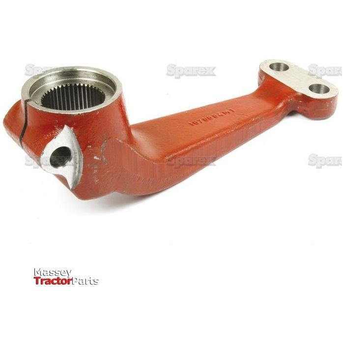A red, metal steering arm for a 2WD with a cylindrical opening and two bolt holes, labeled "Massey Ferguson" in the bottom left corner. Identified as Sparex Part No.S.40121, this versatile component can be used for various models, similar to those by Landini.