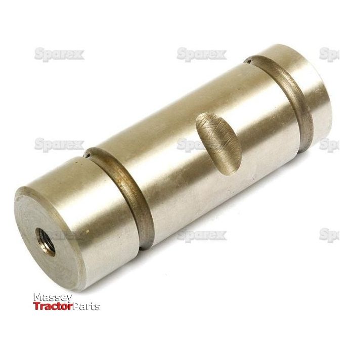 A cylindrical metal pin with machined grooves and holes, labeled "Massey Tractor Parts" and "Sparex" in the background. This essential Steering Arm Shaft (Sparex Part No. S.65179) is compatible with Ford/New Holland models, ensuring reliable performance.