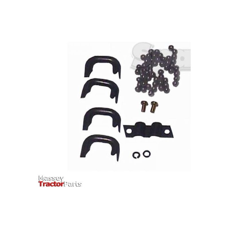 Set of tractor parts including four U-shaped clamps, a set of chains, two bolts, a metal bracket, and two washers, labeled "Massey Tractor Parts" in the corner. This package also includes a Sparex Steering Ball & Tube Kit (Part No.S.70582) for added convenience.