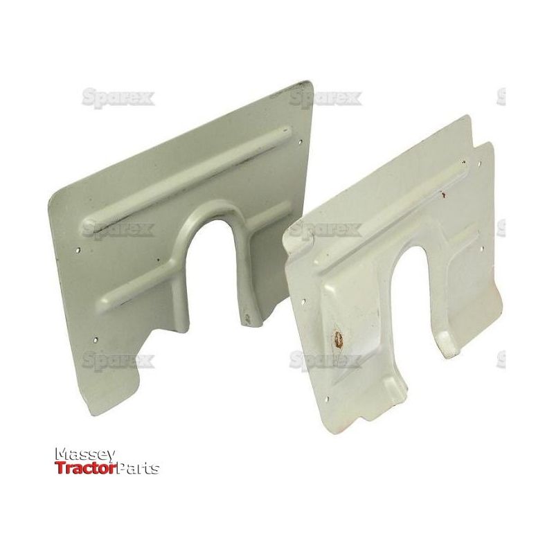 Two white metal tractor parts with a U-shaped cutout, displayed on a plain background with "Massey Tractor Parts" and "Sparex" logos. The Steering Box Cover (Sparex Part No.S.67916) by Sparex is the perfect replacement for Massey Ferguson models, essential components for maintaining your tractor’s performance.