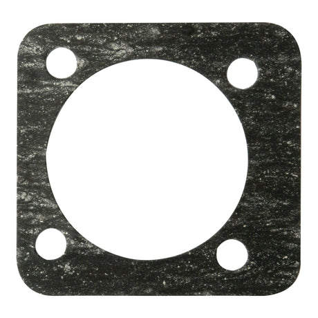 The Steering Box Gasket, Sparex Part No. S.3711, is a black, textured square gasket featuring a large circular cutout in the center and four smaller circular holes in each corner. This Sparex gasket is specifically designed for use in Massey Ferguson steering columns.