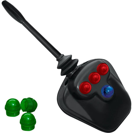 The Forward/reverse lever Switch (Sparex Part No.S.139636) by Sparex is a black joystick branded with Ford New Holland that includes four red buttons, one blue button, and three small green screw-on caps.