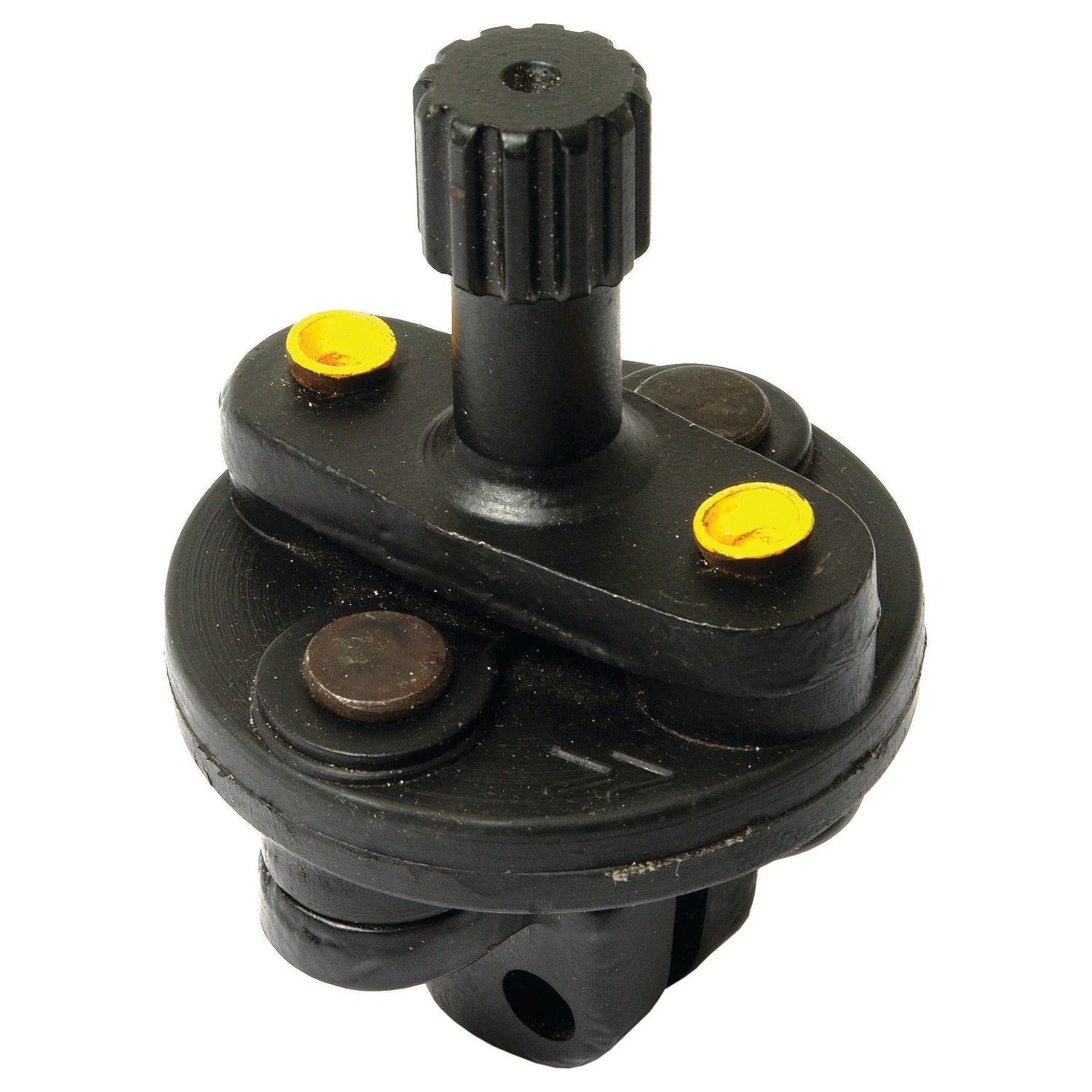 The Sparex Steering Coupler (Part No. S.42935) is a black mechanical component featuring a cylindrical top knob and two yellow fasteners on the top surface, making it ideal for use in Massey Ferguson tractors.