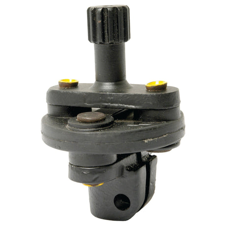 Close-up of a black mechanical device with a cylindrical knob on top and a screw clamp mechanism at the bottom. The apparatus, resembling a Steering Coupler from Sparex (Part No. S.42935), appears designed for securing or adjusting components.