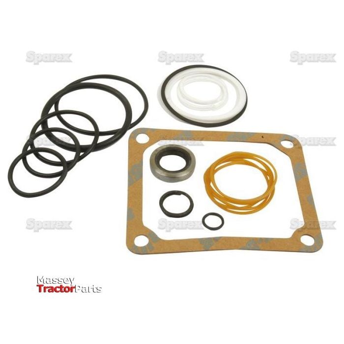 A collection of gaskets, O-rings, seals, and washers neatly laid out on a white surface with the "Massey Tractor Parts" logo in the corner. These components are from the Steering Cylinder Repair Kit by Sparex (Part No. S.58836).