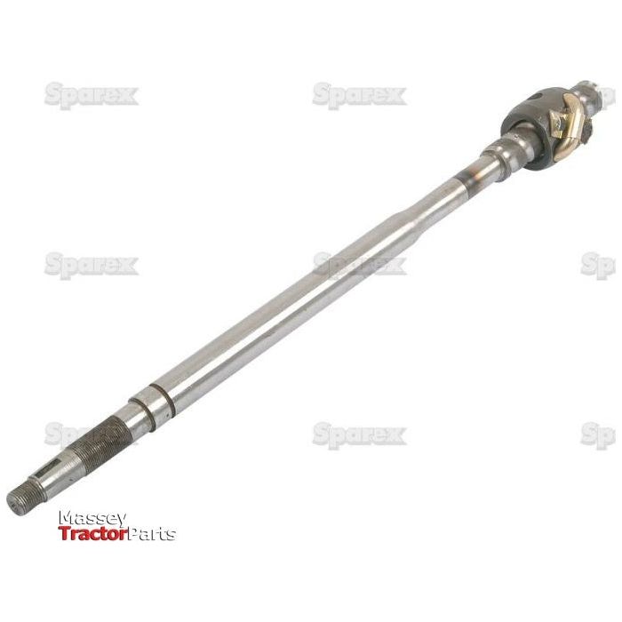 A long, metallic agricultural tractor part with a threaded end and a machined segment, labeled with "Sparex" and "Massey Tractor Parts" logos. Measuring 567mm, this steering shaft is compatible with Massey Ferguson models (Steering Shaft | Sparex Part No. S.40275).