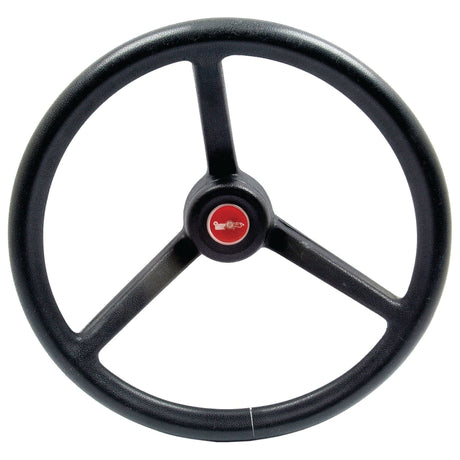 A black three-spoke steering wheel with a red center hub, reminiscent of classic Massey Ferguson designs, the Sparex Steering Wheel 355mm (Part No. S.66853) is a stylish and functional choice.
