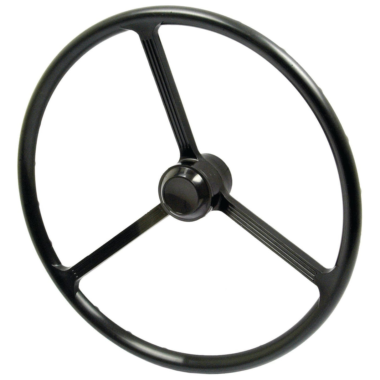The Sparex Steering Wheel 380mm, Splined (Part No. S.66800) is a black, three-spoke steering wheel with a round central hub, designed specifically for Ford/New Holland models.