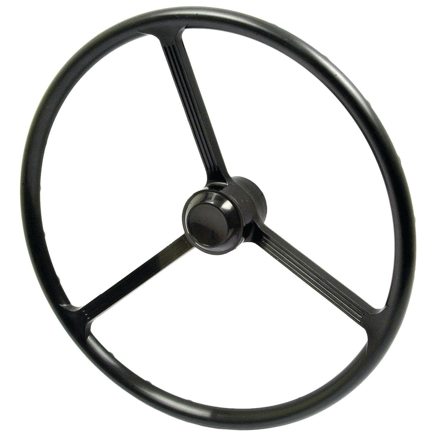 Steering Wheel 380mm, Splined (Sparex Part No. S.66800) by Sparex, featuring a black, three-spoke design with a round central hub, specifically crafted for Ford/New Holland vehicles.