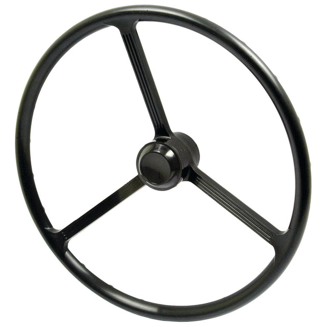 Steering Wheel 380mm, Splined (Sparex Part No. S.66800) by Sparex, featuring a black, three-spoke design with a round central hub, specifically crafted for Ford/New Holland vehicles.