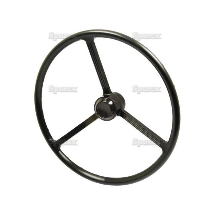 A black, three-spoked steering wheel with a central hub, designed for Ford/New Holland models, the Sparex Steering Wheel 380mm, Splined (Sparex Part No. S.66800), shown against a plain white background.