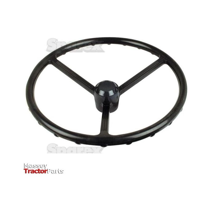 A black Steering Wheel 375mm, Keyway (Sparex Part No. S.70691) for a tractor, featuring three keyway spokes, is shown against a white background. The logo for Sparex is visible in the bottom left corner, highlighting its compatibility with Massey Tractor Parts.