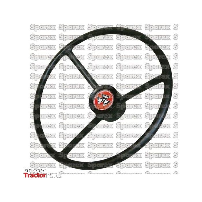 A 450mm steering wheel, product number S.40264 from Sparex, with a black finish and a red logo at the center, set against Massey Tractor Parts and Sparex branding in the background, is perfect for International Harvester enthusiasts.