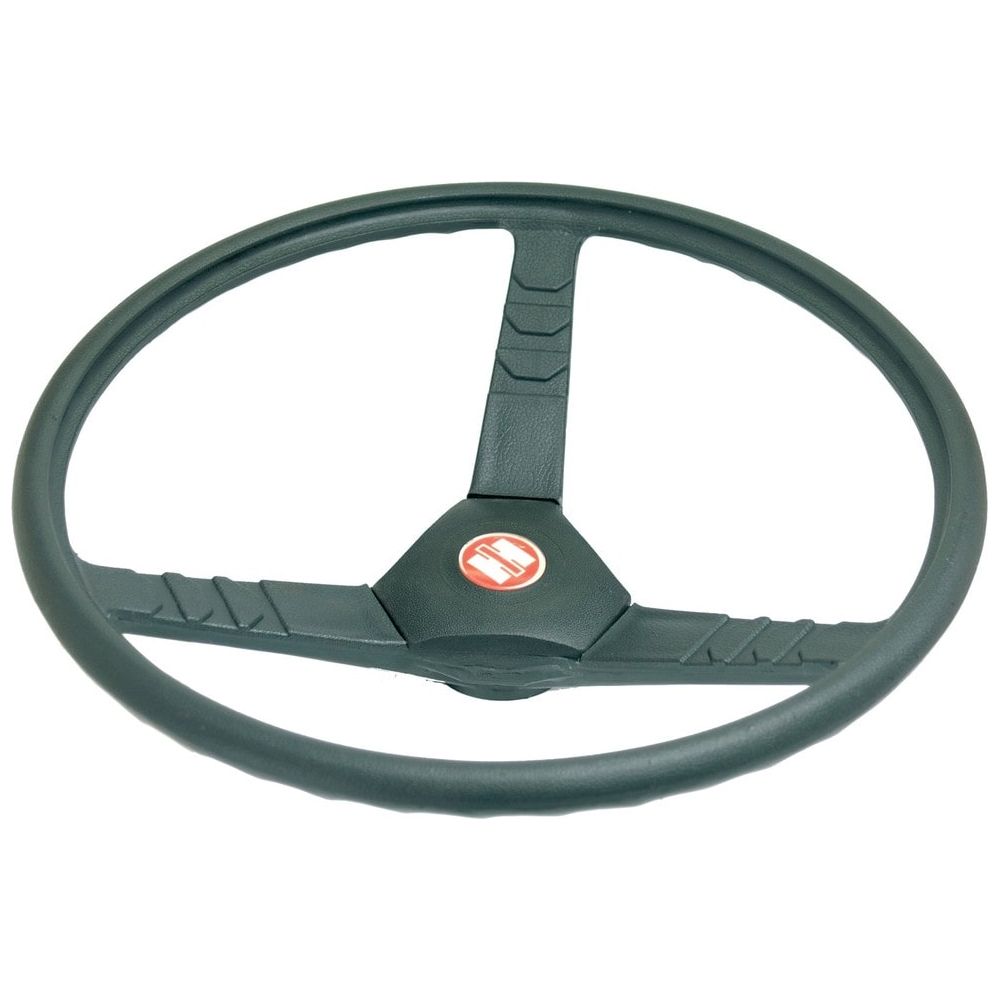 A black three-spoke steering wheel, 430mm in diameter, with a red and white Case IH emblem in the center, Sparex Part No.S.56984.