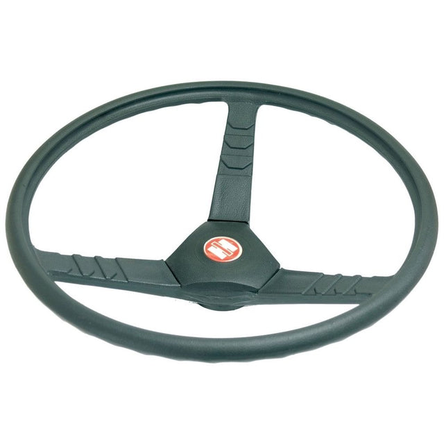 A black three-spoke steering wheel, 430mm in diameter, with a red and white Case IH emblem in the center, Sparex Part No.S.56984.