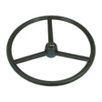 A black, three-spoke Sparex Steering Wheel 450mm, Splined | Sparex Part No.S.61468 with a central hub, viewed from the front against a plain white background.