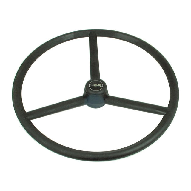 A black, three-spoke Sparex Steering Wheel 450mm, Splined | Sparex Part No.S.61468 with a central hub, viewed from the front against a plain white background.