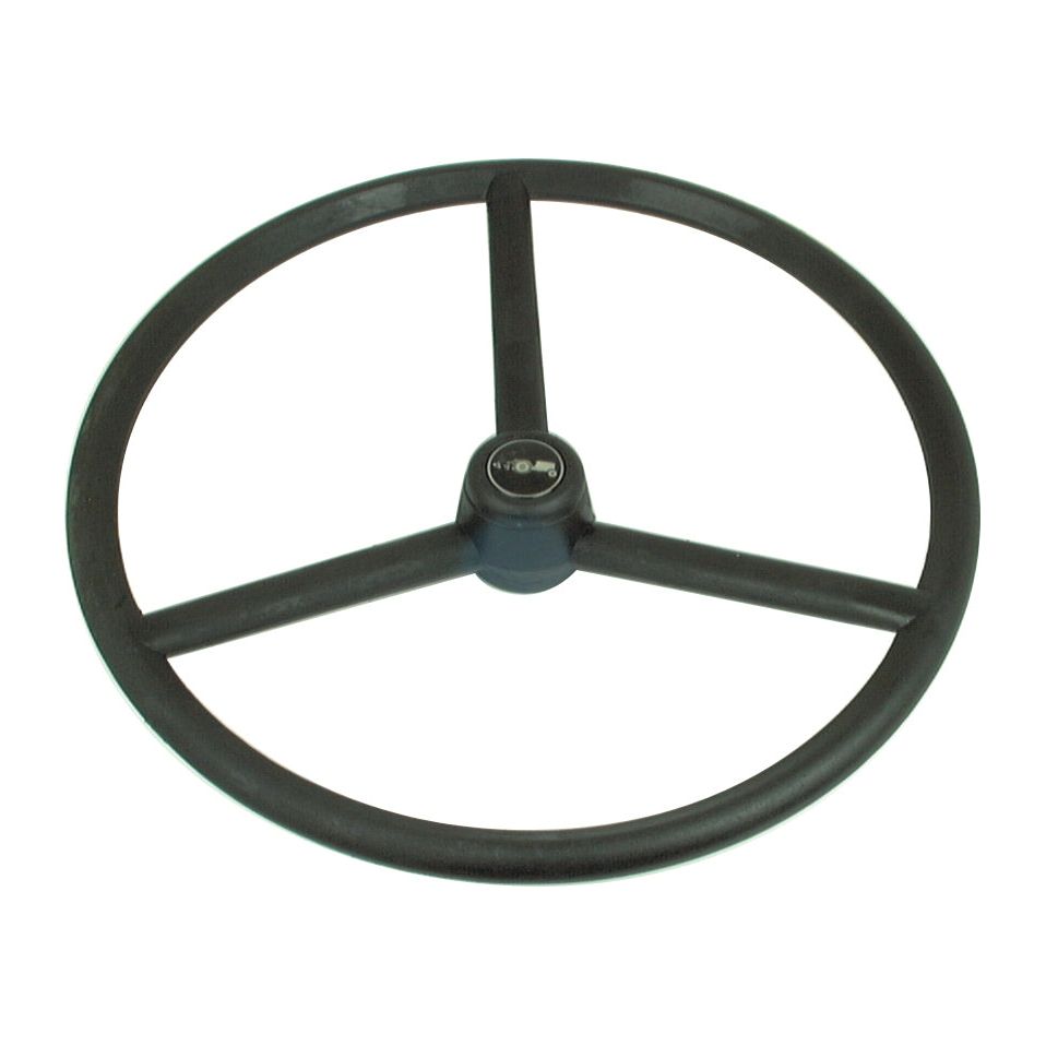 A Sparex Steering Wheel (450mm, Splined | Part No. S.61468) featuring a black three-spoke design with a small round central hub, compatible with Case IH International Harvester models.