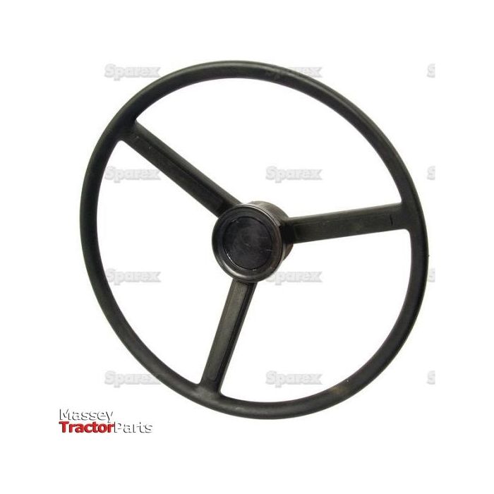 A black, three-spoke Steering Wheel 460mm with a central circular hub featuring a keyway, branded as Sparex Part No.S.40262. The background subtly displays logos of Sparex and Massey Ferguson Tractor Parts.