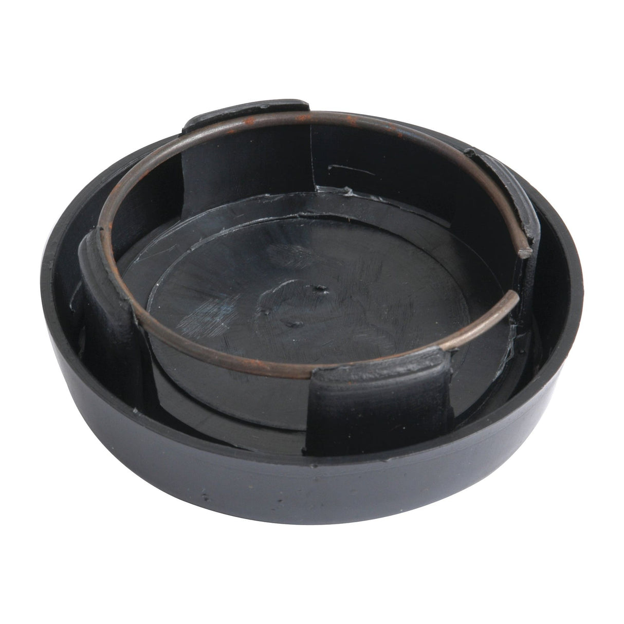 Black round ashtray with three cigarette rests and a smooth inner surface, reminiscent of the sleek design of a Sparex Steering Wheel Cap (Sparex Part No.S.40271).