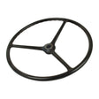 A black, three-spoke metal steering wheel with a circular shape and a central hub, compatible with Ford/New Holland tractors. This is the Sparex Steering Wheel, Splined (Part No. S.60636).