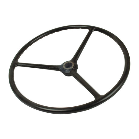 A black, three-spoke metal steering wheel with a circular shape and a central hub, compatible with Ford/New Holland tractors. This is the Sparex Steering Wheel, Splined (Part No. S.60636).