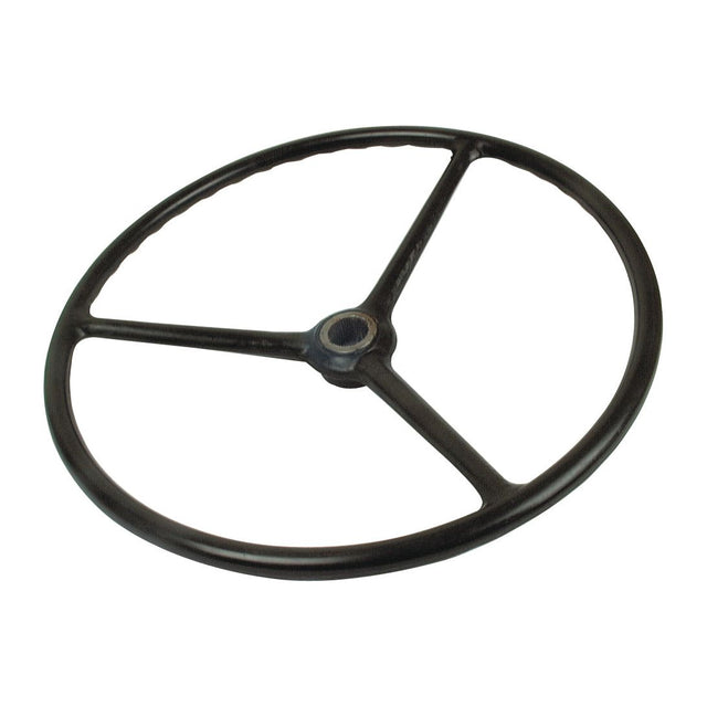 A black, three-spoke metal steering wheel with a circular shape and a central hub, compatible with Ford/New Holland tractors. This is the Sparex Steering Wheel, Splined (Part No. S.60636).