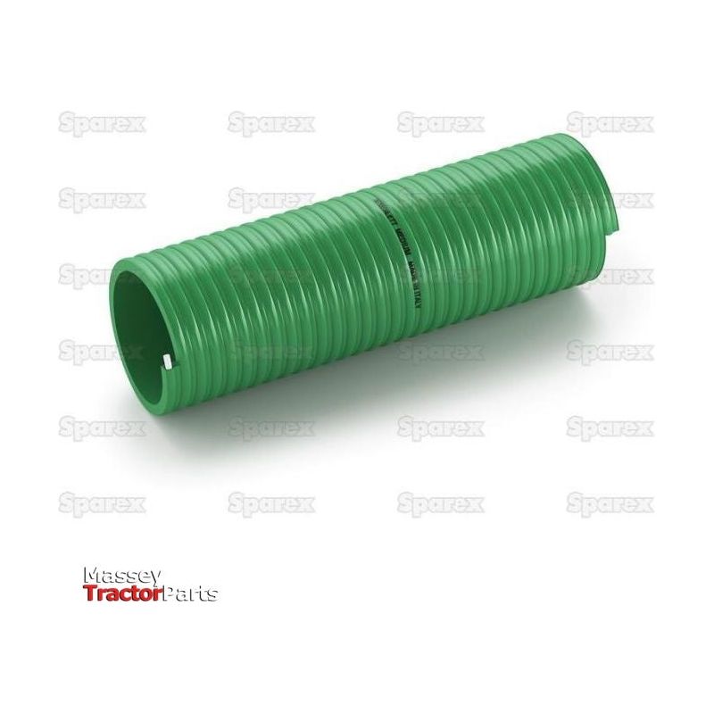 A green ribbed Suction Hose (Merlett Medium) with a 38mm (1 1/2'') hose ID, ideal for use as a waste water hose, is shown against a white background with "Massey Tractor Parts" and "Sparex" logos.