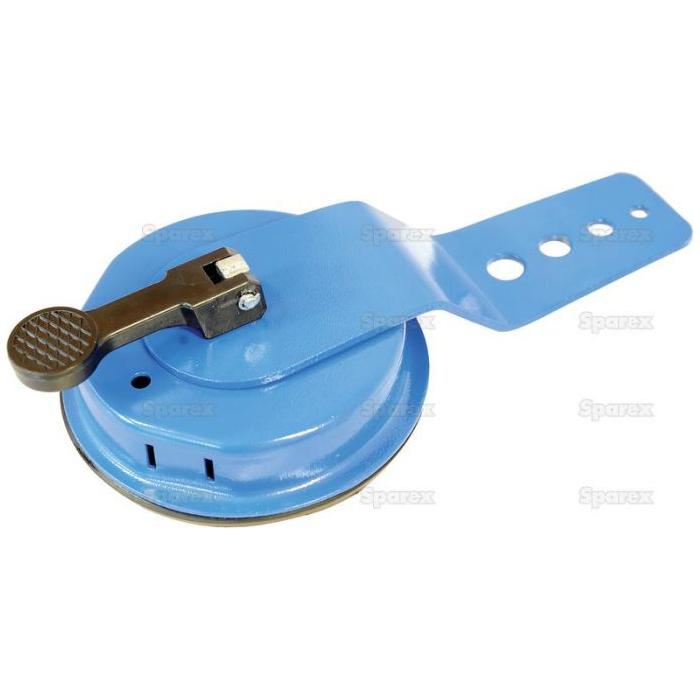 The Sparex Suction Monitor Pad - S.29008 is a blue circular farm machine part featuring a metal lever and multiple holes in the extended flat metal piece, making it suitable for various applications.