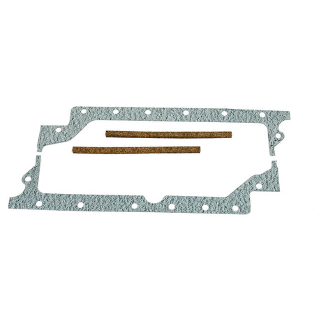 A Sparex Sump Gasket - 3 Cyl. (20C, A3.144, A3.152, A4.192) with multiple bolt holes and two brown cork strips placed inside the rectangle, designed for use in Perkins Engine systems (Sparex Part No.S.41949).