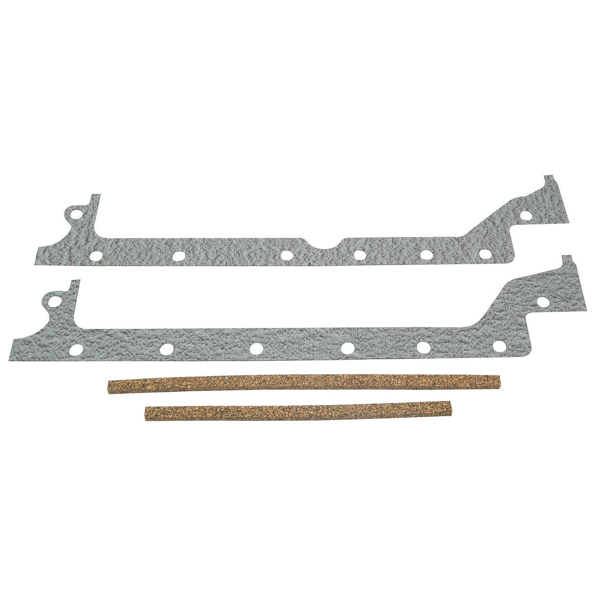 Two grey metal gaskets with multiple holes and two brown cork strips on a white background, ideal for your Perkins Engine or Massey Ferguson machinery, specifically the Sparex Sump Gasket for 3 Cylinder engines (AD3.152, AT3.152.4, AT3.152, A3.144) - Sparex Part No.S.41950.