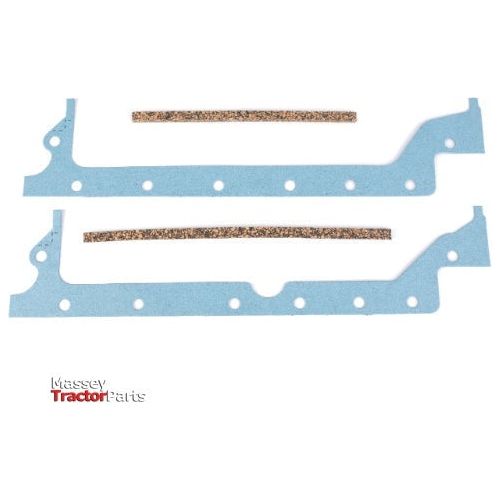 Two blue Massey Ferguson Sump Gaskets (model number 4224249M91) and two brown strips from Massey Tractor Parts, compatible with the 100 Series Massey Ferguson tractors, are arranged on a white background.