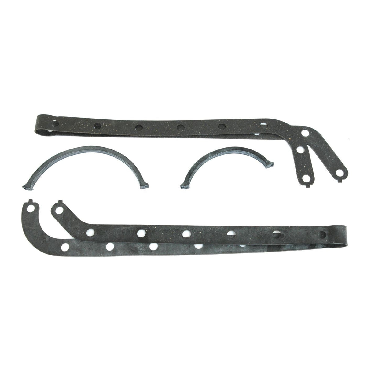 Four black metal straps with holes and two semi-circular brackets, resembling the parts of a Sparex Sump Gasket for a PowerStar 7.5T, are neatly arranged on a white background.