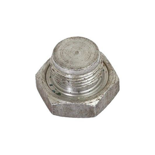Close-up of a Sparex metallic hexagonal head bolt, Part No. S.65276, with a worn, textured surface. The bolt features a raised circular center and threading around its 7/8'' base, making it ideal as a sump plug for Ford/New Holland tractors.