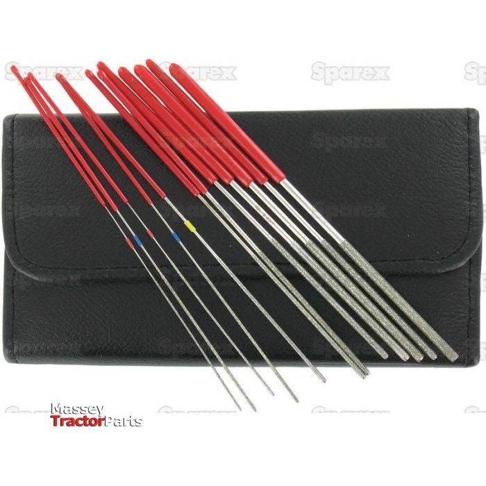 A set of Super hard Diamond-Coated Round Micro Files - S.151751 by Sparex, featuring red handles and ideal for cleaning small round terminal connections, laid out in front of a black leather carrying case.
