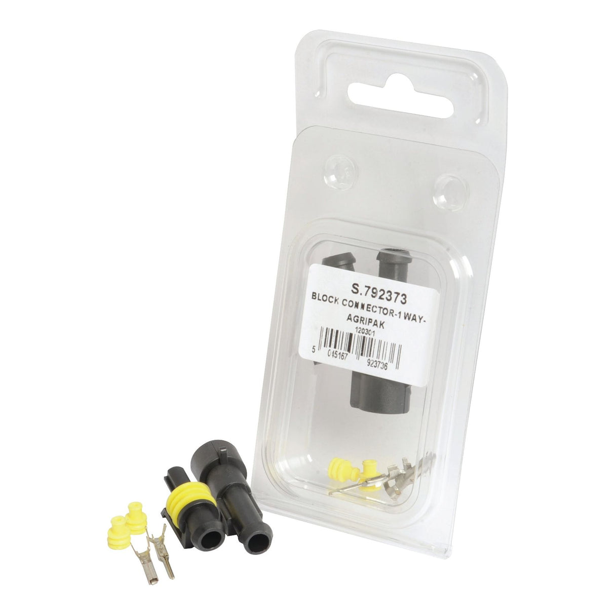 Image of a packaged Sparex Superseal Block Connector-1 Way Kit by Agripak (Part No. S.792373). The kit includes one male and one female black connector, yellow and black rubber seals, and metal crimp contacts. The connectors are displayed outside the packaging.