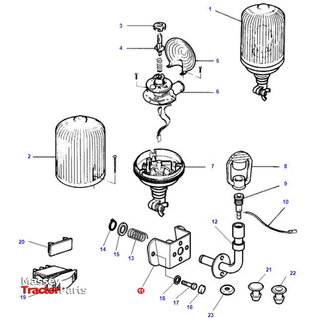 Detailed diagram of a Massey Ferguson - Support - 3713256M2 air filter assembly with various parts numbered and labeled for reference, by AGCO.