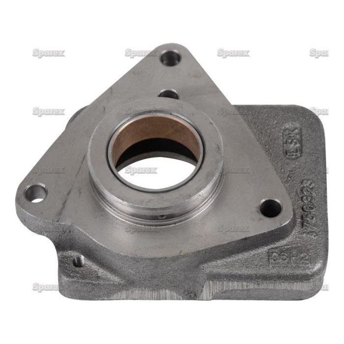 Support | Sparex Part No. S.108369 is a metal machinery part with an angular shape, featuring a central circular hole and mounting holes at the corners, and resembles designs by Fiat or Case IH. This product is from the brand Sparex.