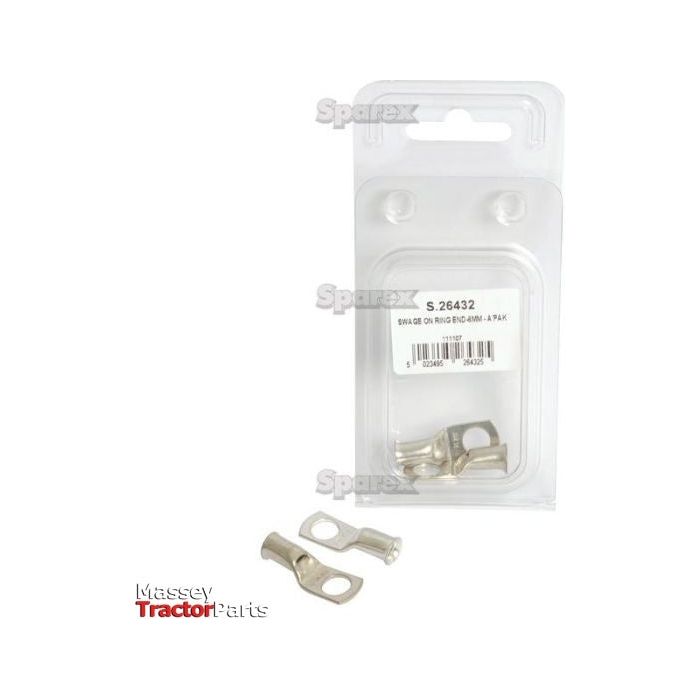 A retail package labeled "S.26432" contains two Swage On Ring Terminals, 16mm² x Ø5.5mm, in Agripak. The clear plastic packaging features a header card, both branded for Sparex tractor parts.