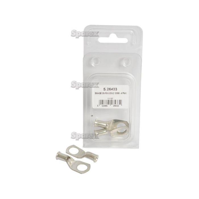 A package containing two brass-colored Swage On Ring Terminals 16mm² x Ø5.5mm from Sparex, labeled "Sparex Part No. S.26433 – 2 pcs." in clear plastic Agripak packaging. Two additional terminals are outside of the Agripak.