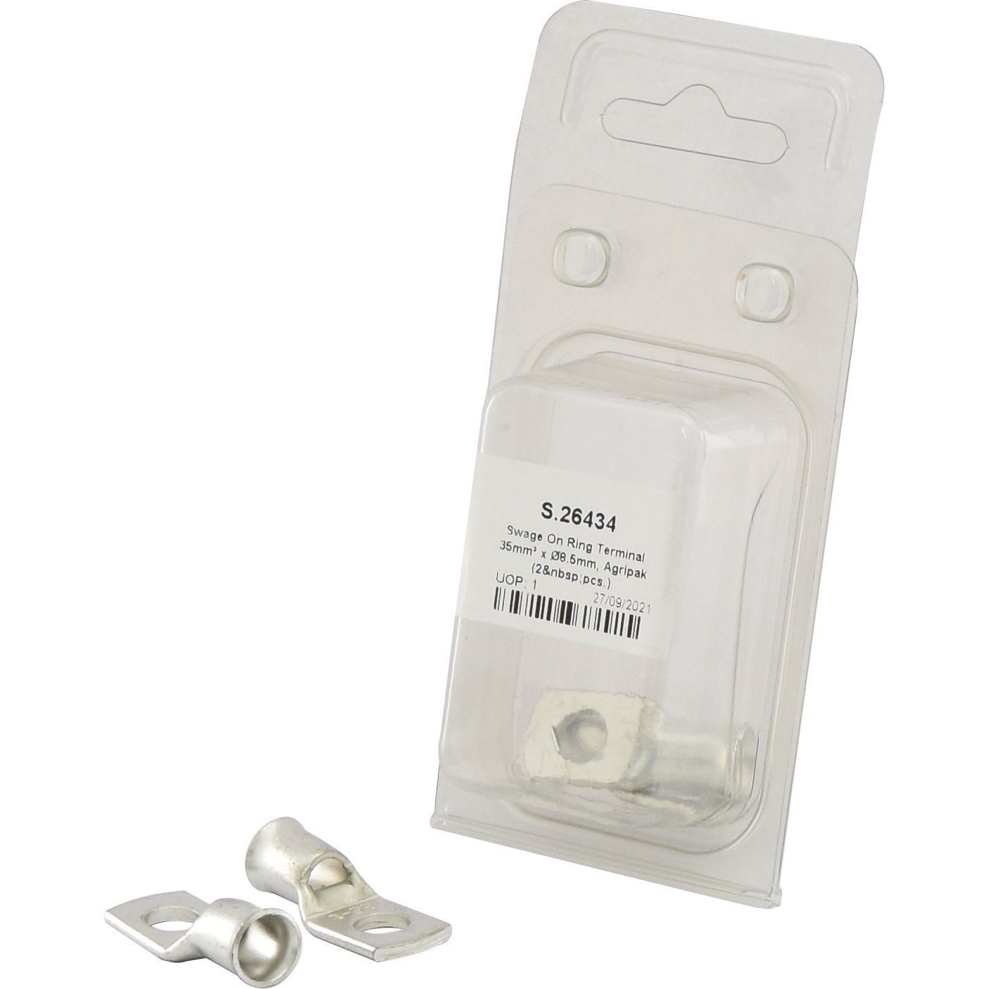 Plastic packaging with Sparex Swage On Ring Terminal S.26434, 2-pack, labeled S-26434. Two silver ring terminals with an eye Ø 8.5mm are shown outside the packaging.