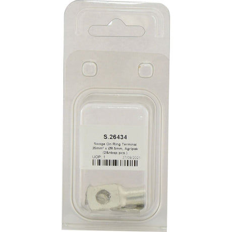 A packaged metal ring terminal labeled "Swage On Ring Terminal 35mm² x Ø8.5mm, Agripak (2 pcs.) | Sparex Part No. S.26434" from Sparex.