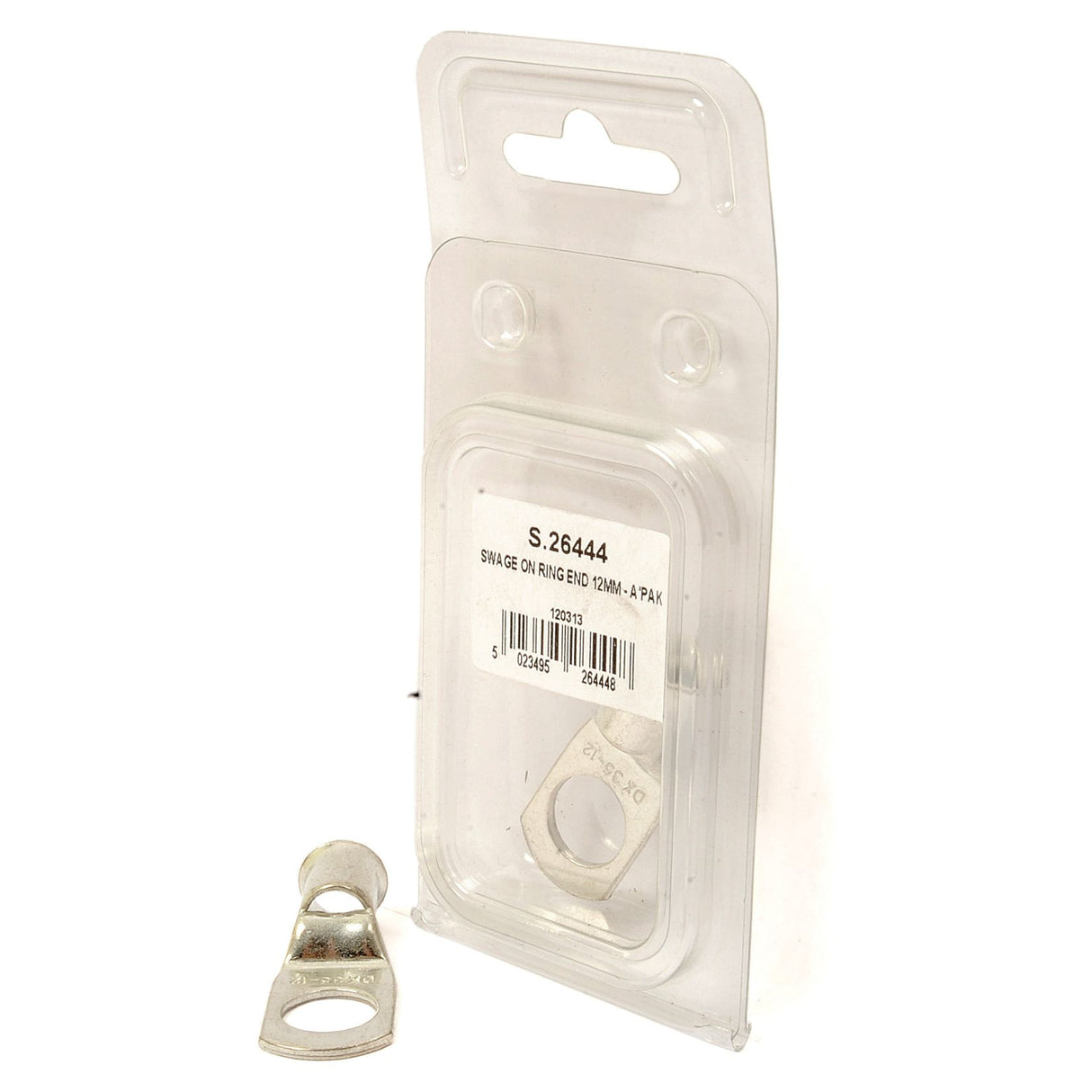 Clear plastic packaging containing a single metal ring terminal with an identical loose terminal placed in front. The packaging label reads "Swage On Ring Terminal 35mm² x Ø8.5mm, Agripak (2 pcs.), Sparex Part No.S.26444." The terminal suits a cable cross section of 35mm² and is branded as Sparex.