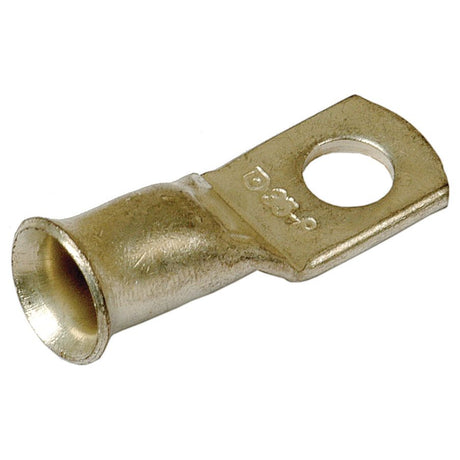 Close-up image of the Sparex Swage On Ring Terminal 35mm² x Ø8.5mm | Sparex Part No.S.51798. This metallic cable lug features a crimping end and a ring terminal, with a cylindrical body and a flat rectangular surface that includes a circular hole for connection, making it an ideal choice for various electrical applications.