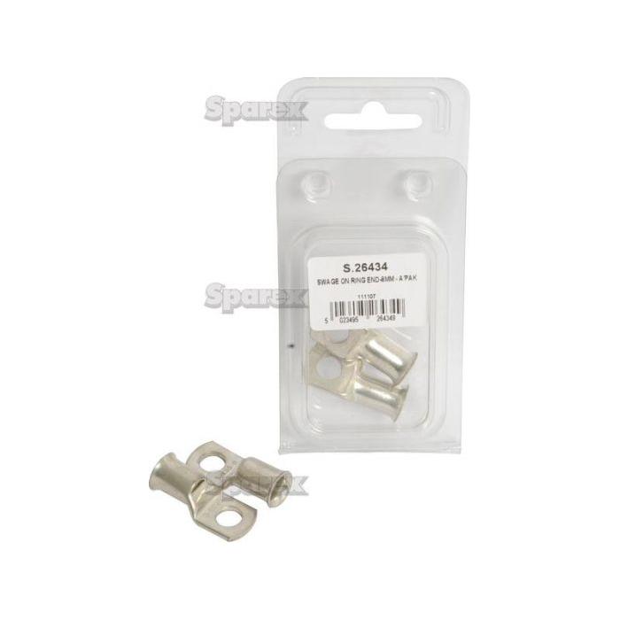 A package labeled "S.26434" containing two Swage On Ring Terminals (35mm² x Ø8.5mm), displayed with both terminals outside the packaging.
