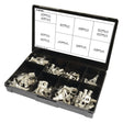 A Sparex Swage On Ring Terminal Handipak (50 pcs.) - S.28282 is stored in a plastic container with multiple compartments, each holding different sizes of metal electrical connectors. The lid features a diagram showing part numbers and specifications for the connectors, offering clear information for easy identification and use.
