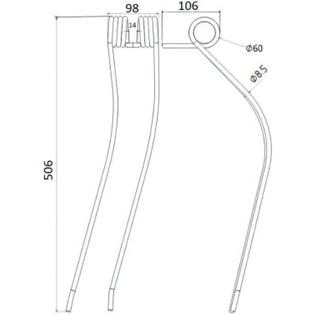 Technical line drawing of a Swather/Tedder Tine: 
- Overall height: 506 mm 
- Length for each side: 98 mm and 106 mm 
- Coil diameter: 14 mm
- Leg thickness: Ø8.5 mm
- Bending radius: 60 mm
This Sparex product (Part No. S.78113) is an ideal replacement for those seeking Kuhn spare parts, specifically designed to fit OE reference 57701700.