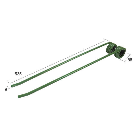 Green metal Swather/Tedder Tine by Sparex, featuring two twisted coils, measuring 535 mm in length, 88 mm in width for one coil's diameter, and a prong width of 9 mm. This tine is a replacement for Stoll and fits as part number 0621811 (Sparex Part No. S.21313).