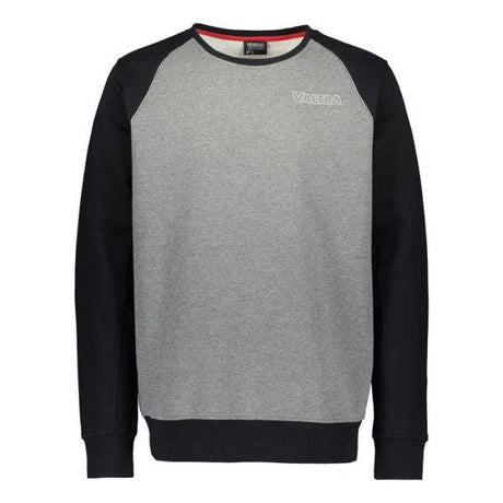 The AGCO Valtra Sweatshirt (Medium, V42805903) is a stylish gray and black long-sleeve, round neck sweatshirt featuring the "VALTRA" brand name on the upper left chest. It boasts a rib-knit body in gray, complemented by sleek black sleeves and collar.